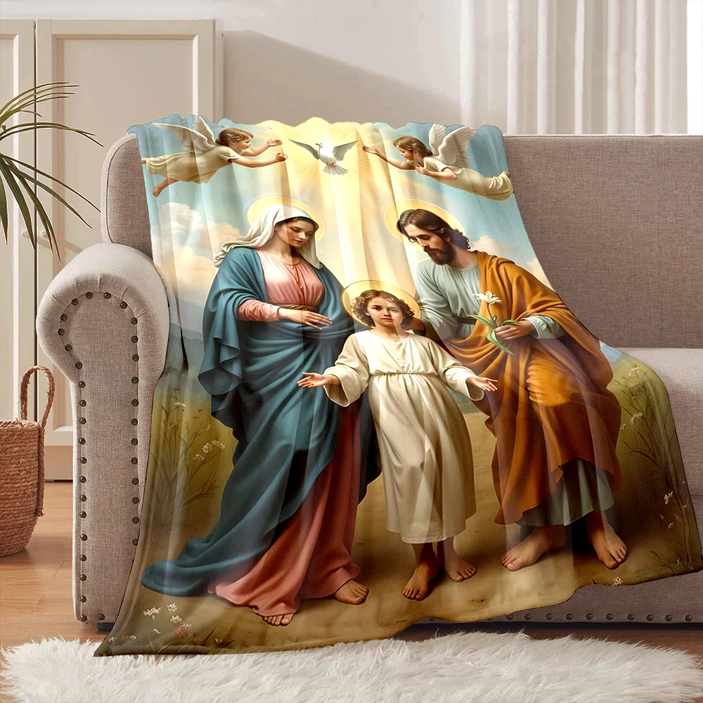 1PC Religious family with angels Faith-printed Flannel Blanket Soft and Warm Suitable for Home Travel Picnics Camping and RV