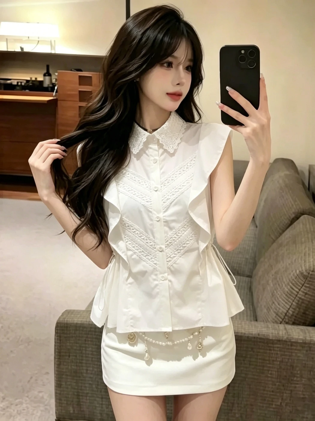 

Fashionable White Sleeveless Shirt Women's Summer Slimming Top High Waist Design Cotton Collar Loose Fit French Style