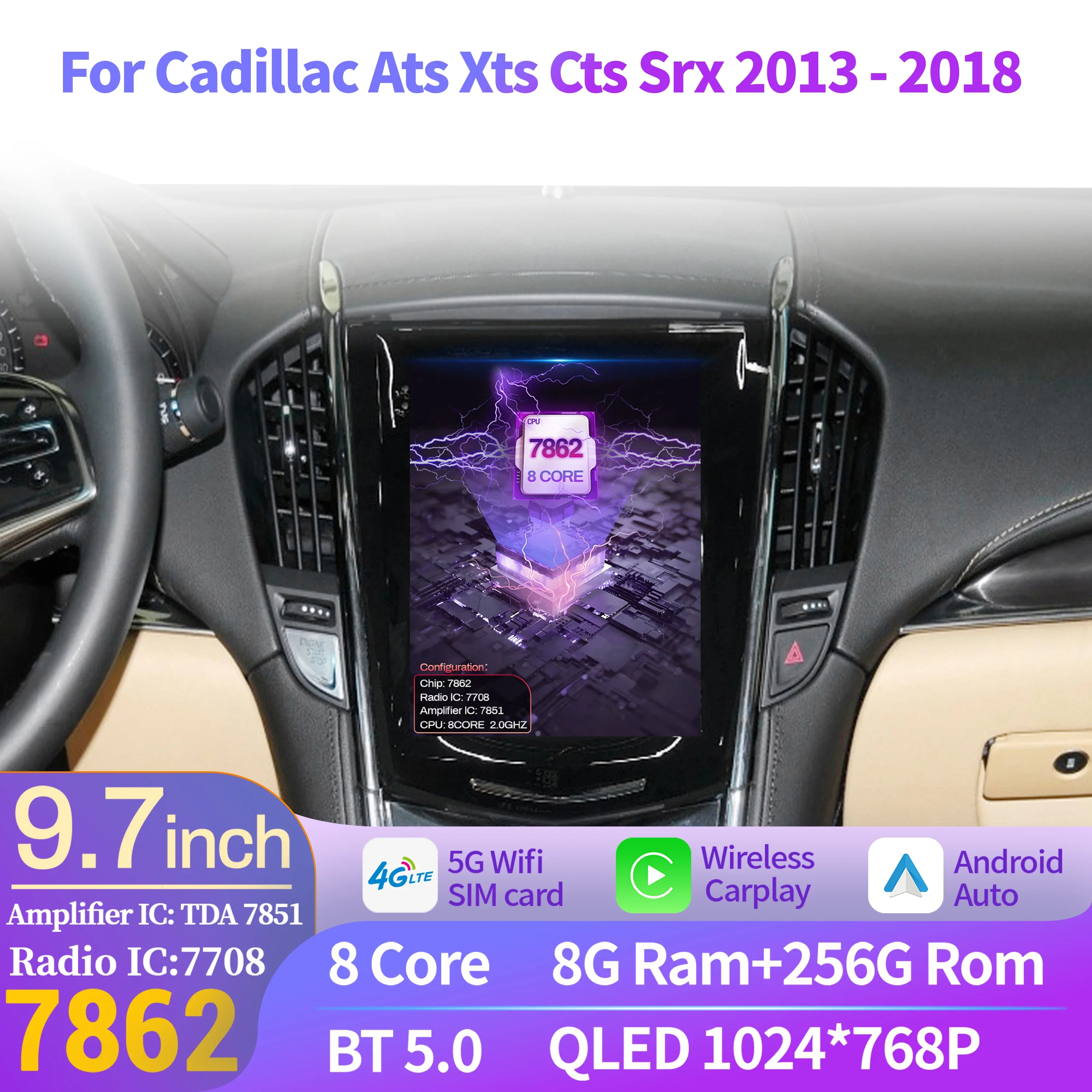 9,7-дюймовый Android 14 для Cadillac Ats Xts Cts Srx 2013-2018 автомобильный радиоприемник мультимедийная навигация беспроводной BT Carplay 2K QLED экран