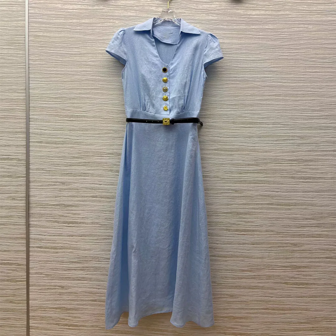 New Summer Gold Buttons 100% Linen Long Dress Women V-neck Short Sleeve Solid Color PU Leather Belt Brief Casual Dresses