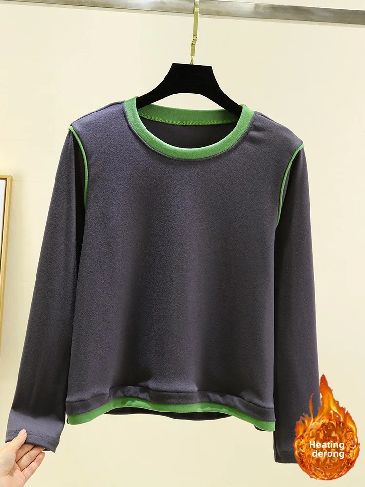 Thiened Fce round Ne Base irt Women Winter Self-Heating Warm Long Sve Top plus Size Versatile Color Blo T-irt