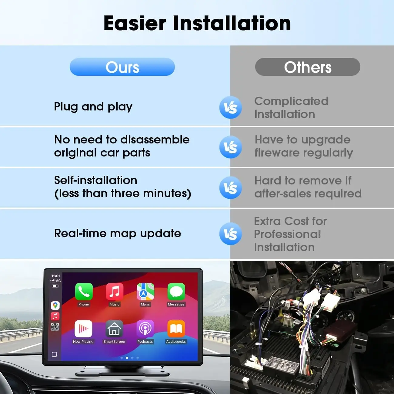 شاشة لمس محمولة تلقائية مقاس 9 بوصات CarPlay وAndroid مع بلوتوث وتحكم صوتي ومكالمات بدون استخدام اليدين