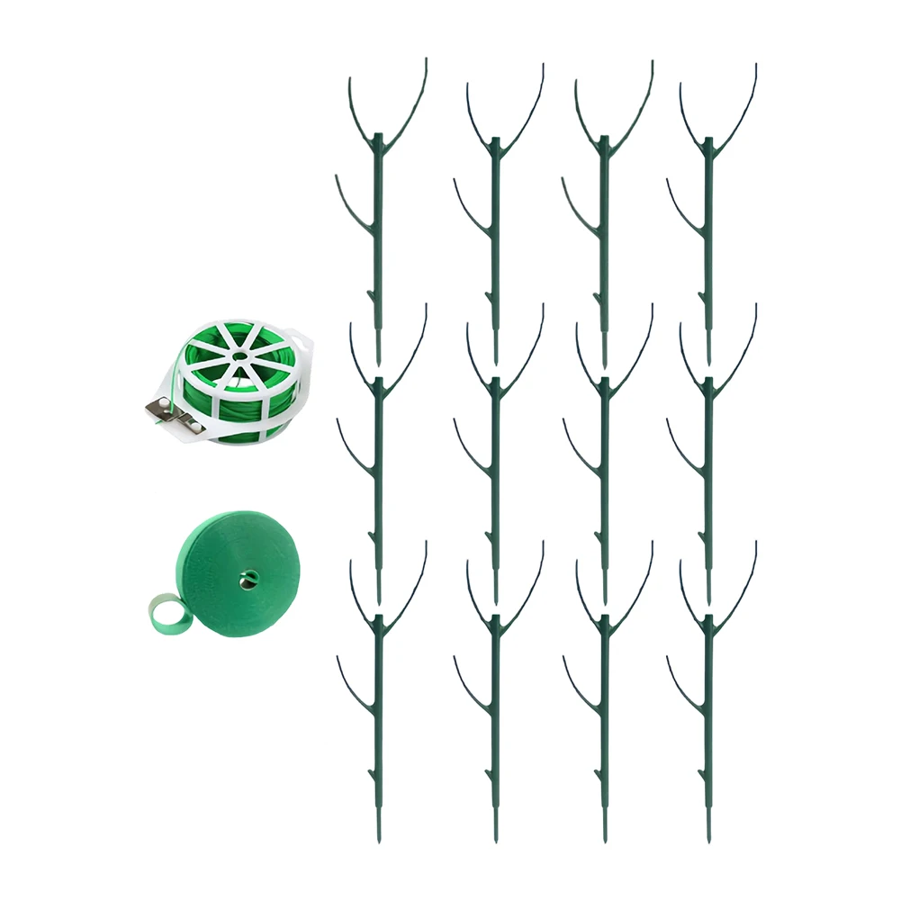 For Indoor Outdoor Plant Support Frame Stackable Green Plastic Stakes 11.02in with 12 Poles and 2 Meter Paste Roll