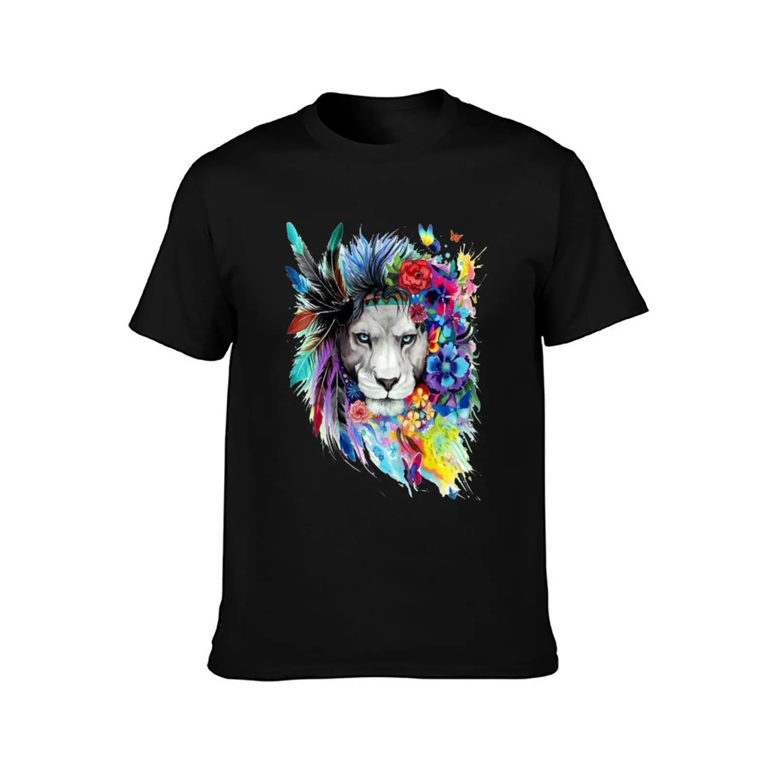 Gray lion with feathers and affected flowers T-Shirt Summer Casual Cotton Tee Oversized Streetwear Tops Vintage Graphic Print