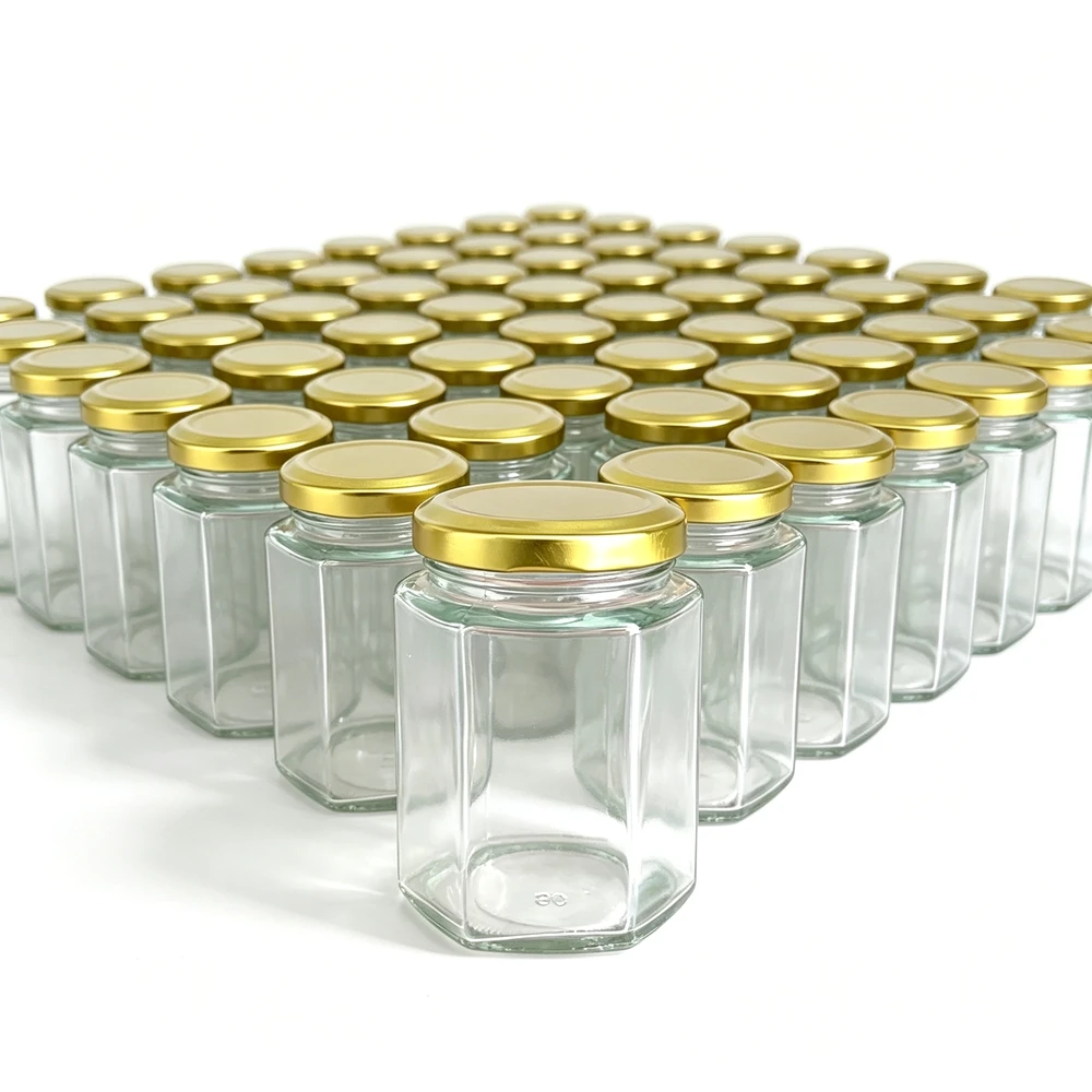 100Pcs Hexagon Glass Honey Jars 180ml(6oz) /280ml(10oz) with Gold Lids Food Grade Hex Jar for Honey Jam Preserve Beekeeping Pack