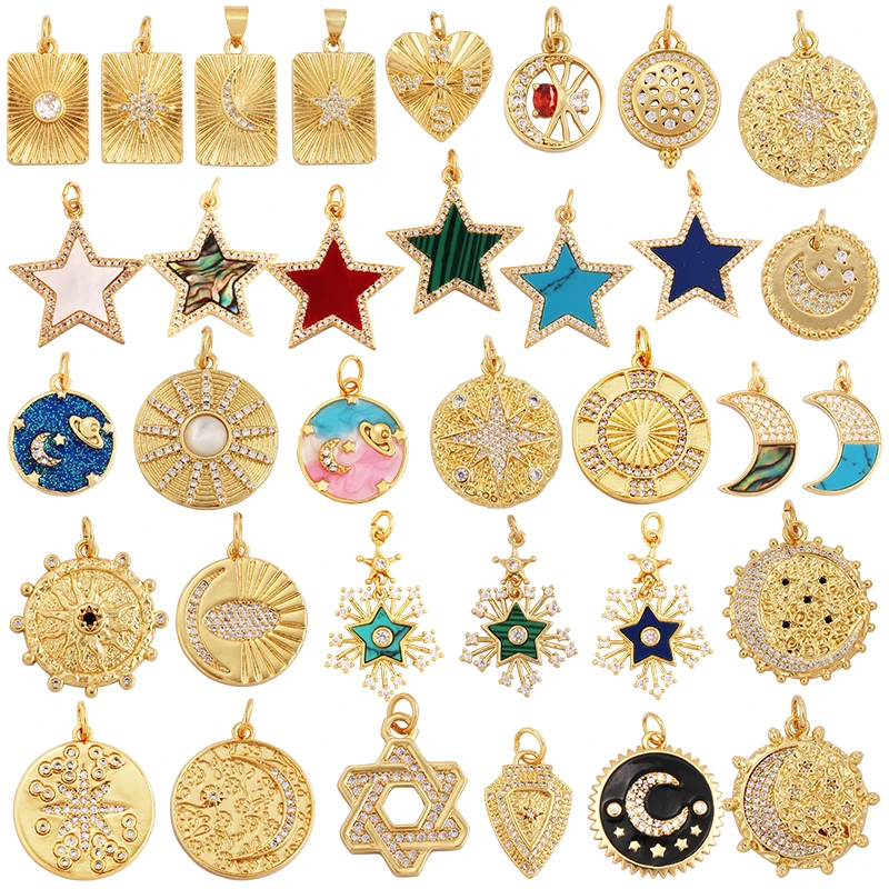 Trendy Sun Moon Star Shell 18K Gold Plated Charm Pendant,Inlaid Shining CZ Zirconia Jewelry Necklace Bracelet Making Supply M52