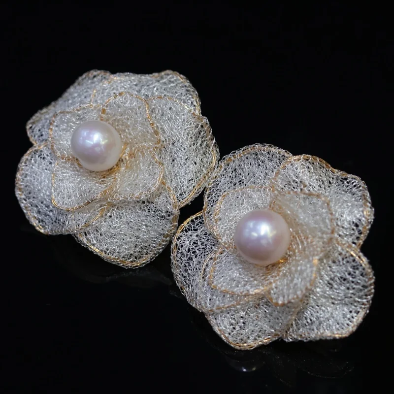 

SGARIT Fashion Pearl Jewelry DIY Italian Craftwork Flower Lace 14k Filled Gold Natural Freshwater Pearl Stud Earring Jewellery