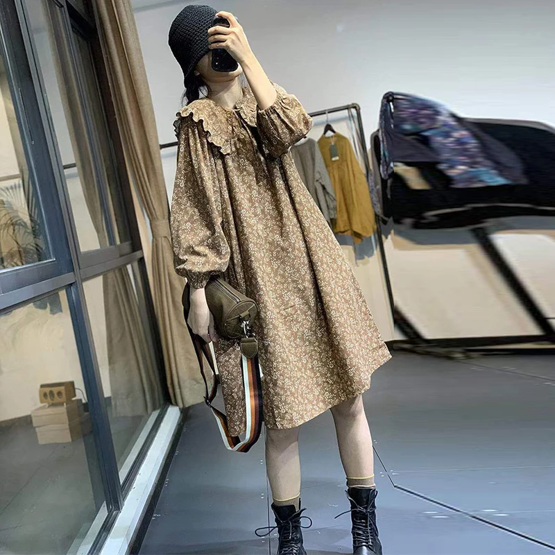 

plus Size Floral Print Midi Dr Lantern Sve Doll Collar Base Skirt Spring Commute Sle Loose Fit Long Sve High Waist