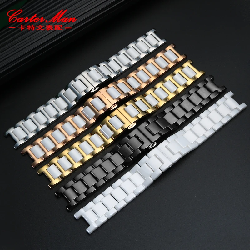Notched fine steel ceramic watchband for Guc GC Frey guess Dior MK men\'s women\'s black white strap watch chain 14*8mm 16*8mm