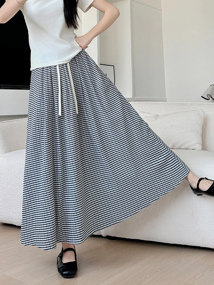 Summer Plaid Long Skirt Women Preppy Style Loose Sweet A Line Skirts Korean Fashion Casual Soft Female Elegant All Match Skirt