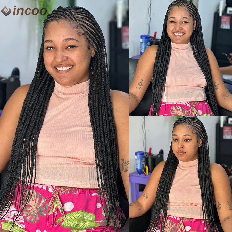 Synthetic Full Lace Cornrow Braided Wigs With Baby Hair 36'' Fulani Knotless Box Braid Wig Handmade Braiding Wig For Black Women