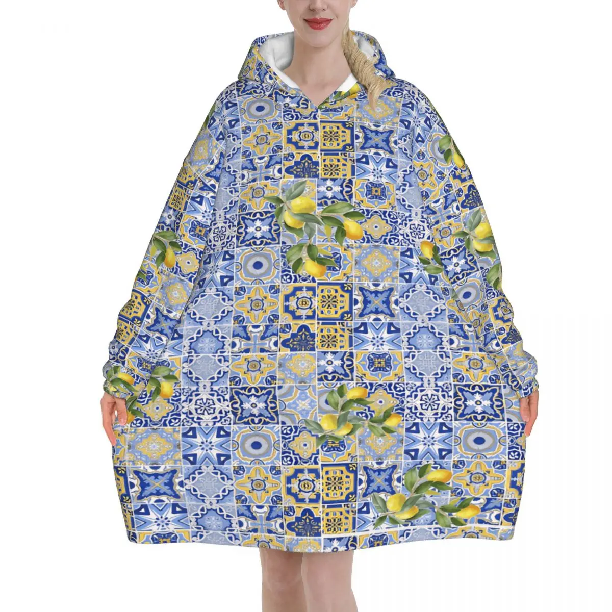 Lemon Sicily Rectangle Wearable Blanket Hoodie Warm Cozy Oversize Blanket Sweatshirt Thick Fleece Hooded Blanket with Pocket