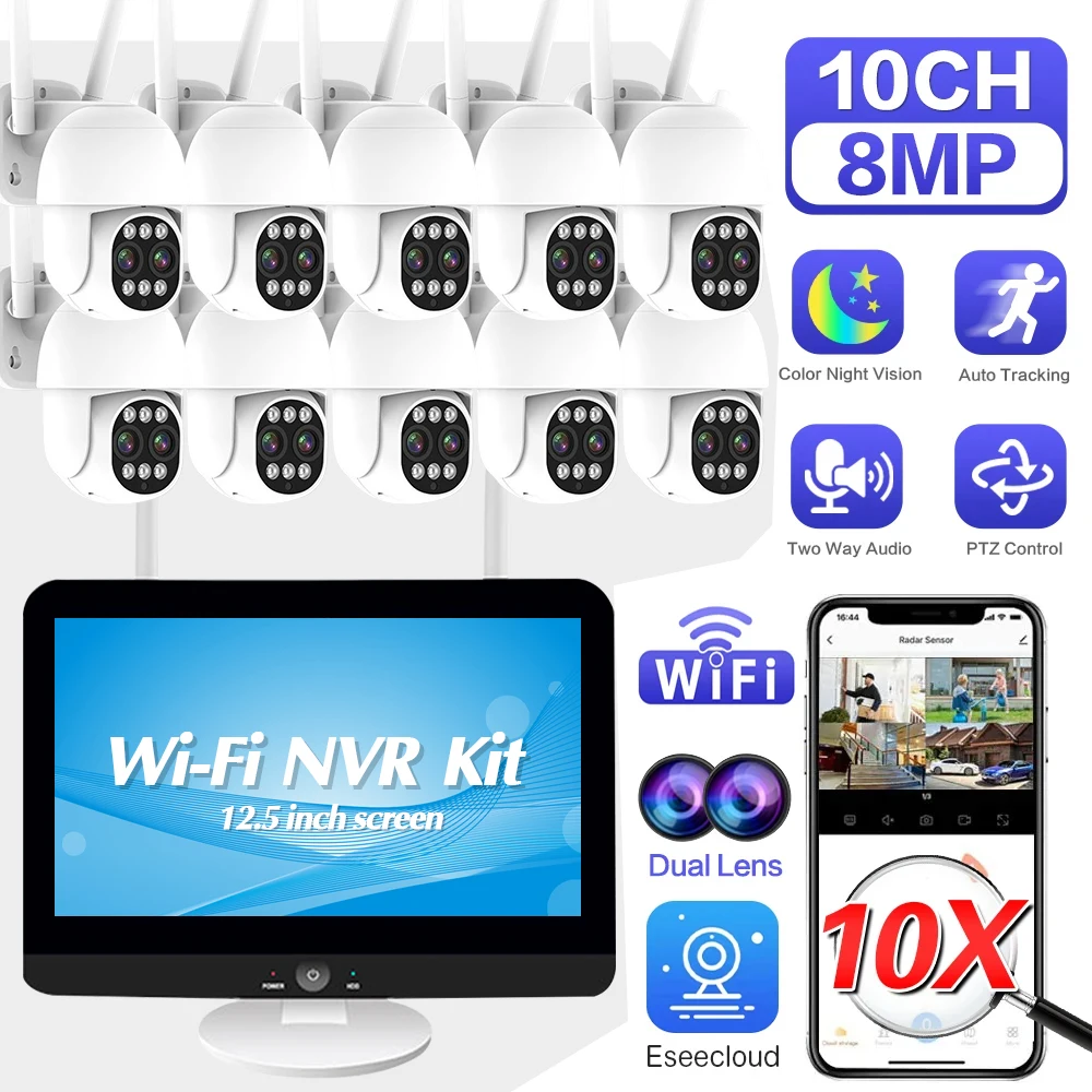 

Комплект беспроводной PTZ Wi-Fi камеры, 8-мегапиксельная камера с автоматическим отслеживанием, наружный зум, камера безопасности, 10-канальный ЖК-экран, Wi-Fi NVR, система видеонаблюдения