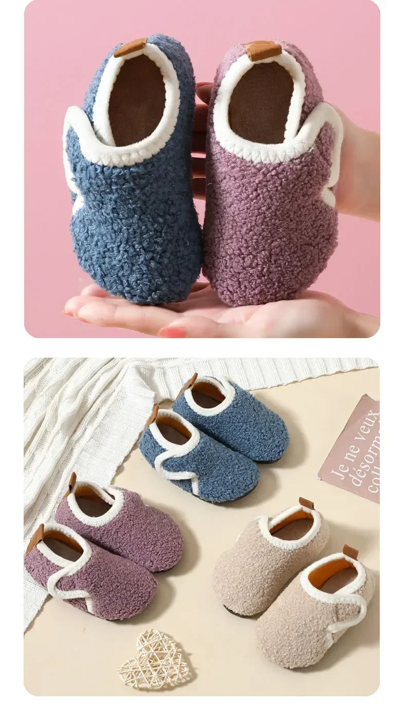 Kinder-Baumwollpantoffeln Einfarbige Warme Winter-Hausschuhe für Jungen und Mädchen Plüsch-Bodenschuhe Indoor Weiche Sohle Rutschfeste Baumwollschuhe – Detail 6