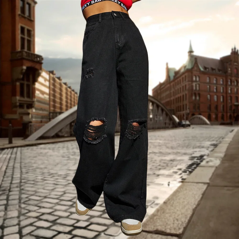 

Hole Jeans Women Ripped Wide Leg Pants High Waist Distressed Washed Pockets Vintage Floor Length Female 2025 Streetwear Trousers