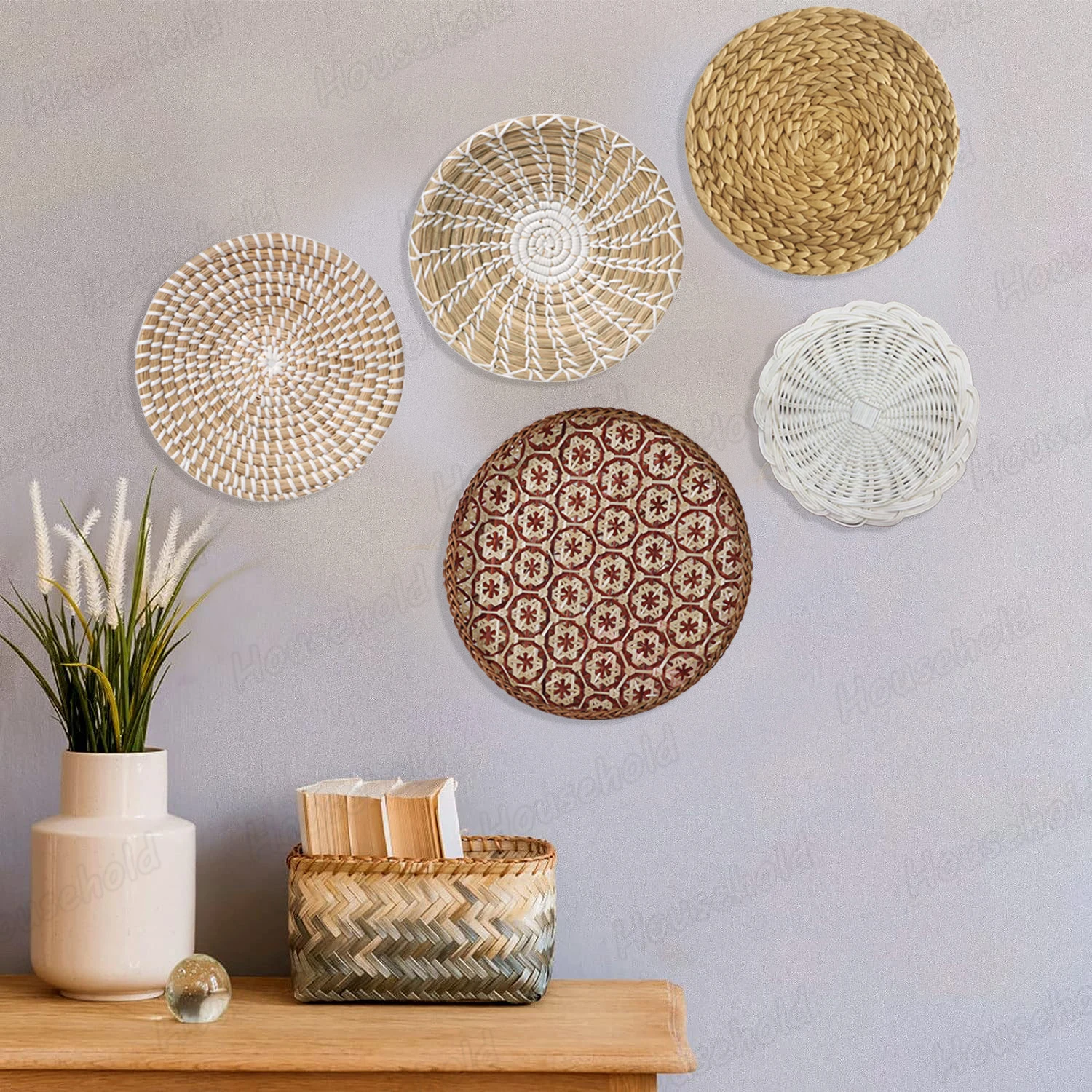 Set of 16 Hanging Woven Baskets Boho Handmade Wall Decor Round Rattan Straw Seagrass Baskets for Living Room/Kitchen/Bedroom