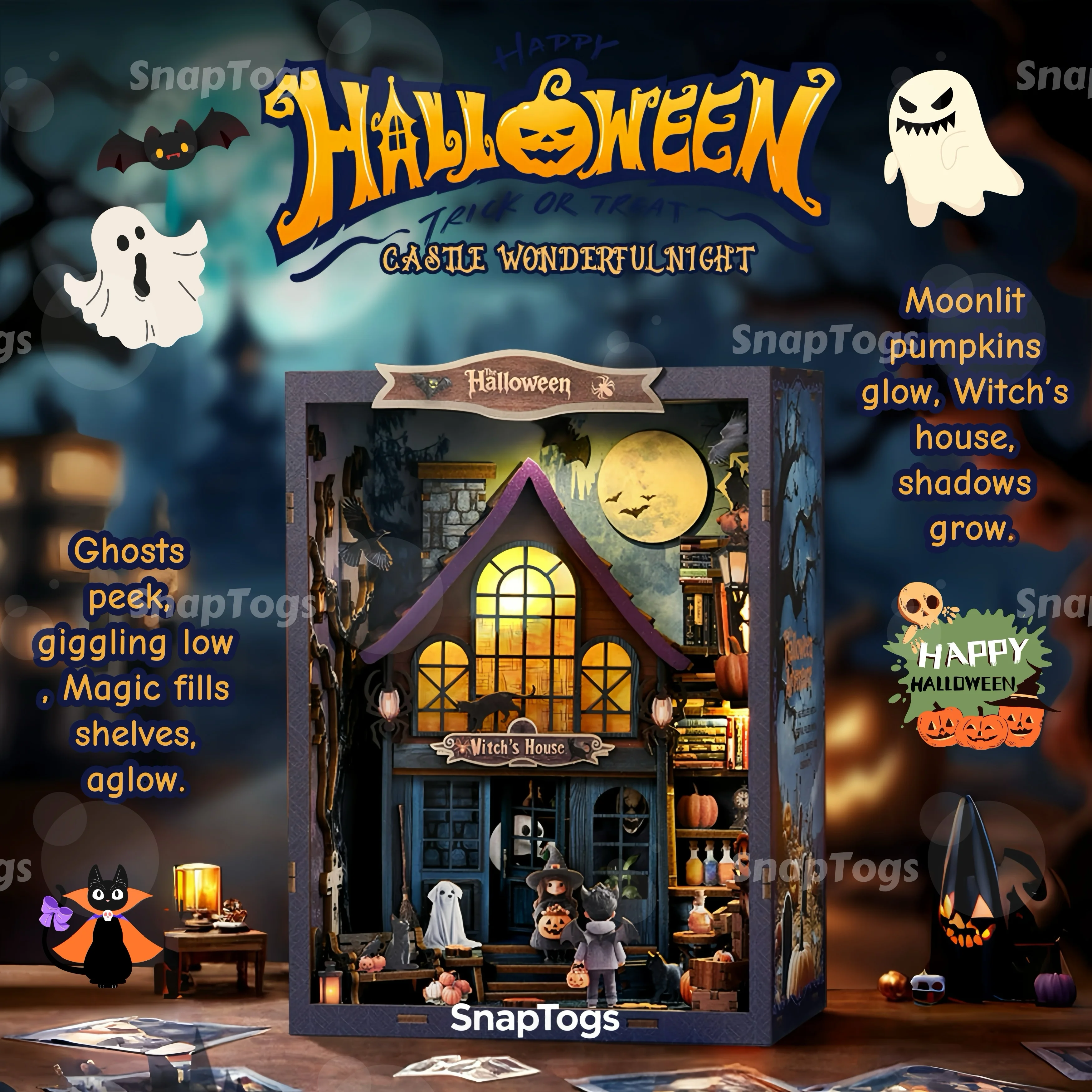 

SnapTogs DIY Miniature House Kit Enchanting Halloween Castle Diorama Handcrafted Spooky Witch Detailed Pumpkin & Ghost Decor