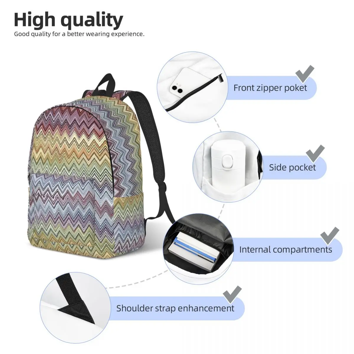 Custom Boho Chic Modern Zigzag Mochila de Lona para Mulheres, Escola, Faculdade, Estudantes Bookbag, Fits 15 Polegada Laptop, Multicolor Bags