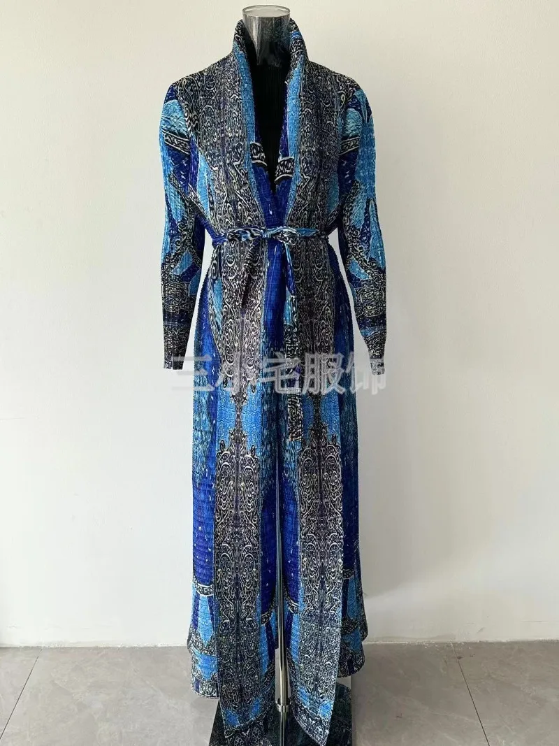 YUDX Miyake Long Sleeve Printed Dress Windbreak Women 2024 Winter New Original Designer Abayas Turndown Collar Belted Coats