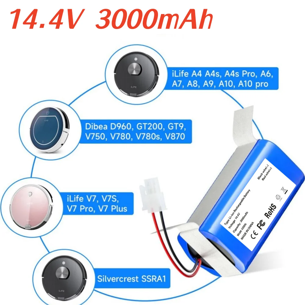 Аккумулятор 14,8 В/14,4 В, 3000 мАч для Zaco iLife A4/A4s/V7/A6 Dibea D960/GT200 AMIBOT Animal Premium H20/X782.