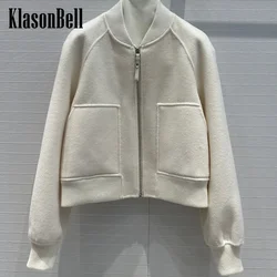 7.23 KlasonBell Women Double-Side Cashmere Jacket Ribbed Spliced Stand Collar Raglan Sleeve Zipper Coat 2024 Autumn Winter New