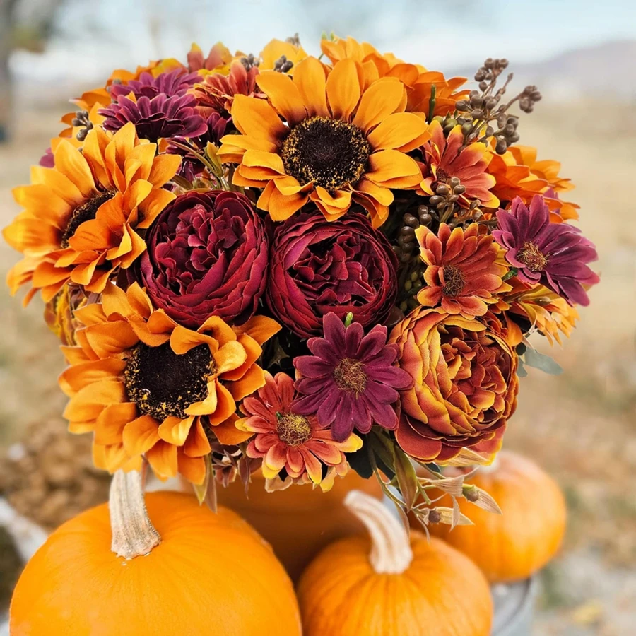 Künstliche Blumen aus Seide mit Sonnenblumen-Festival-Kranz, Hochzeitsstrauß, Zuhause, Raumarrangement, Vase, Fensterbank, Dekoration im Freien
