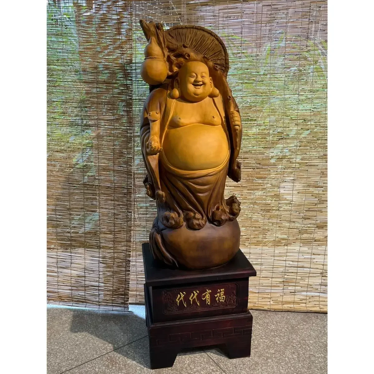Camphor Wood Maitreya Buddha Ornament Company Hotel Lucky Furniture Root Carving Living Room Decoration