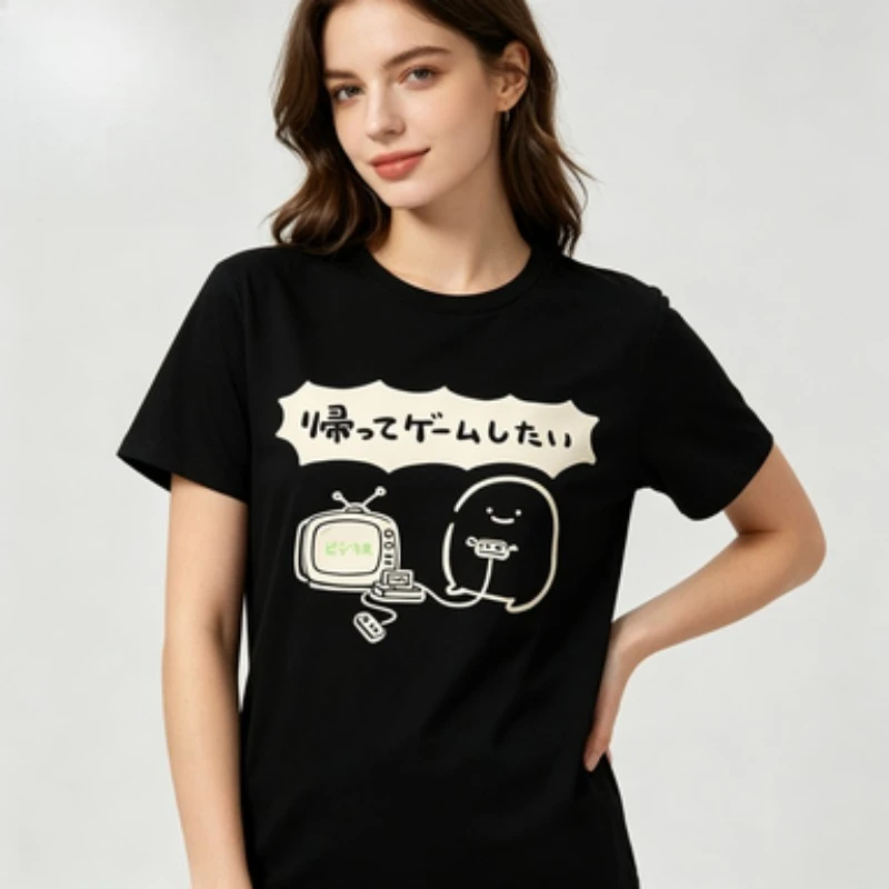 Summer Ladies Soft  T‑Shirt, Retro Game Console Cute Doodle Character Japanese Letter Print Crew‑neck Short‑sleeve Casual  Tee