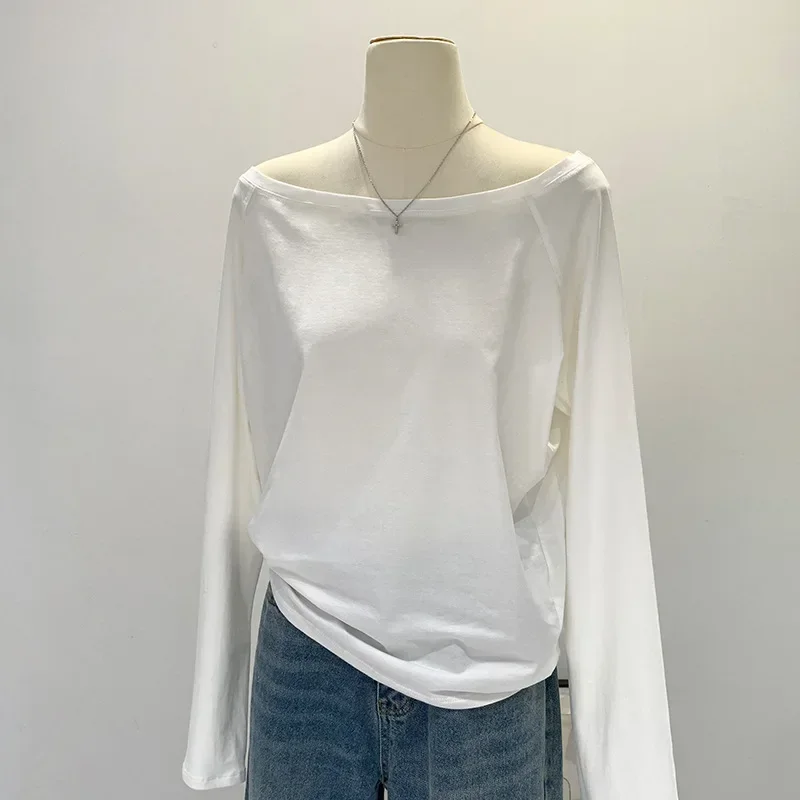 

Autumn Winter One Shoulder Cotton Long Sleeve Slant Shoulder Women's Clothing Style Interior Wide Truffle Shoulder Base Shirt