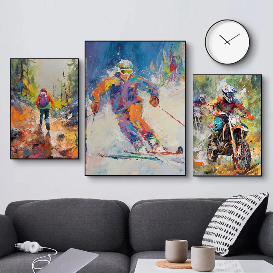 Watercolor Graffiti Style Extreme Sports Motorcycle Ride Horse Ski Art Poster Canvas Print Mural Sports Field Club Decoration