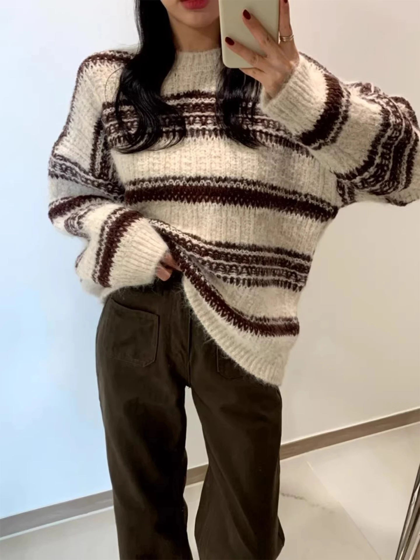 

Soft Knitted f High Collar Color Blo Striped Sweater Women's Winter New Sle Versatile Knitted Top Commute Loose Fit Lo...