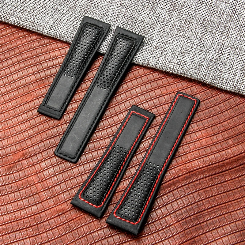 22mm original sem costura montagem interface plana pulseiras para tag heuer série super respirável pulseira de couro de vaca genuíno preto