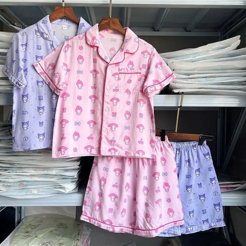 

Sanrio Girls Short Sleeve 2Pcs My Melody Girls Cartoon Pajamas Kuromi Children Fashion Shorts Mid-Large Children Home Clothing