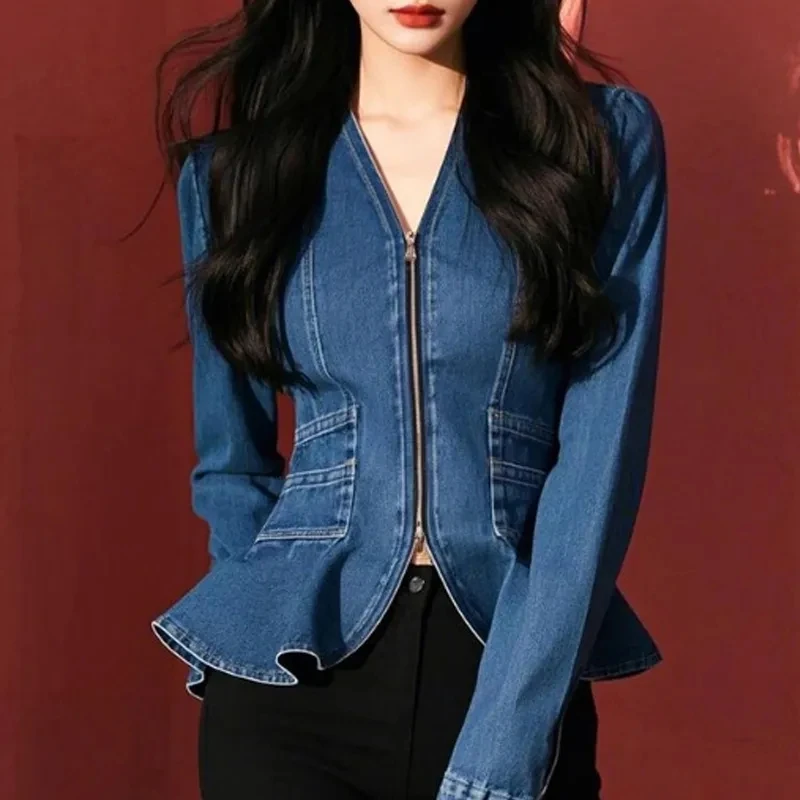 

Синяя джинсовая рубашка на молнии с v-образным вырезом, женская весенняя женская джинсовая рубашка, новая осенняя удобная женская ковбойская рубашка, универсальная женская блузка