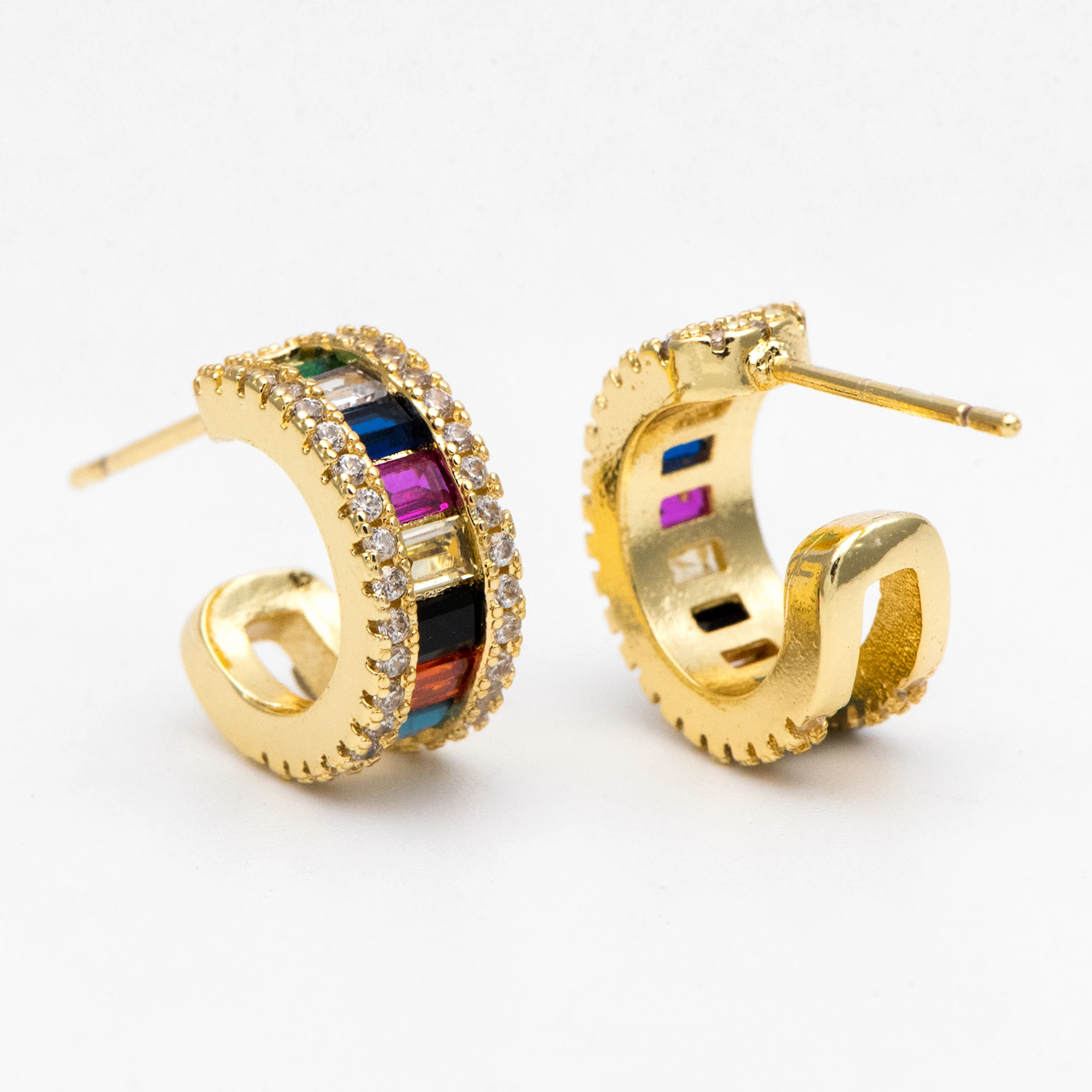 

4pcs CZ Paved Earring Studs 15mm, 18K Gold Plated Brass, Colorful Rainbow Ear Posts (GB-3238)