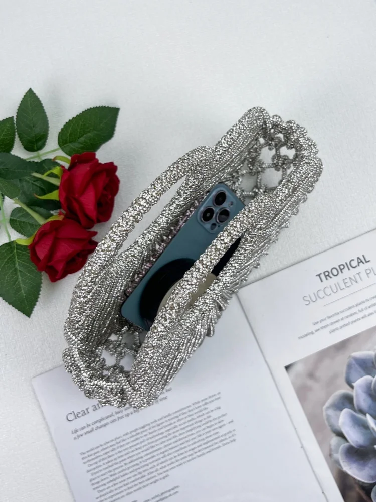 Silver Rhinestone Heart-shaped Handbag Irregular Hollow Out Handmade Woven Bead Bag Light Luxury Tassel Like Women's Banquet Bag
