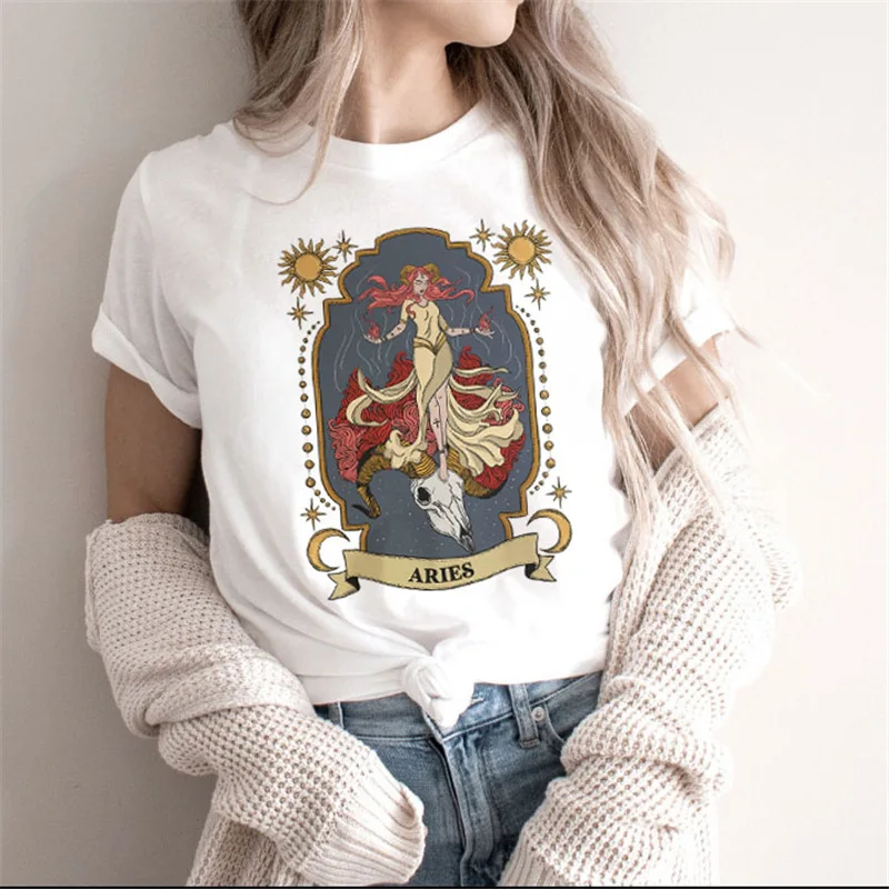 Fun Flowers Tarot Printed Pattern Round Neck Short Sleeve T-shirt Blouse European and American Gothic Harajuku Oversized T Shirt