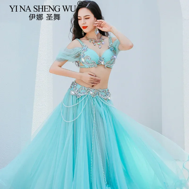 

Belly Dance Competition Costumes for Women Rhinestone Bra+Chiffon Split Long Skirt 2pcs Set Female Oriental Belly Dancing Outfit