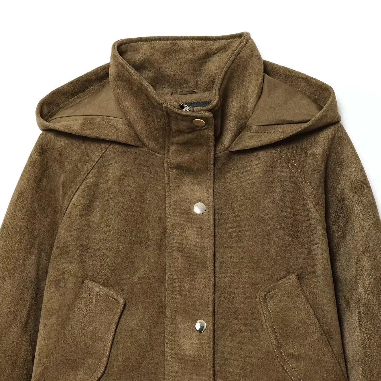 Herfst nieuwe Faion Ba leereffect jas met capuchon, losse pasvorm, lange Sve damesbovenkleding van polyestervezel