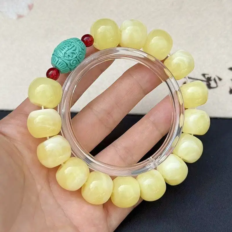 white , Yao Hua yellow amber disc bead bracelet, vintage 8*12mm, gold porcelain apple beads