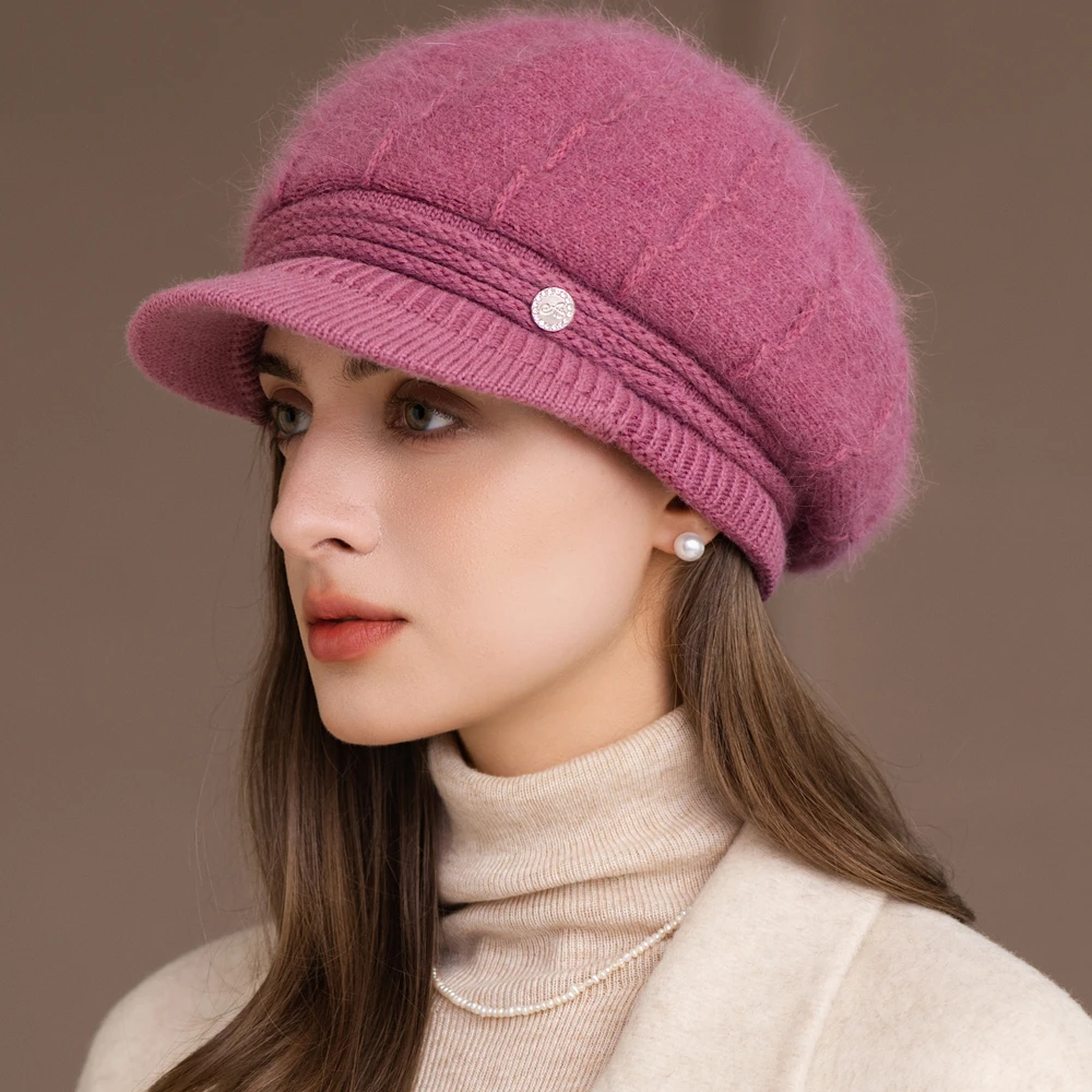 Hot Sale Women Fashion Winter Hat With Brim Plush Fur Lined Dandy Hats For Women Casual Rabbit Fur Blend Streetwear Knitted Cap