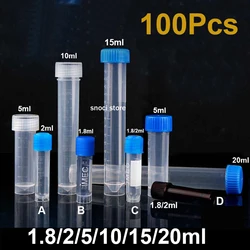 100Pcs Plastic Test Tubes Freezing Tube Vials Sample Craft Screw Cap Bottles for Office School Chemistry Supplies 1~15ml