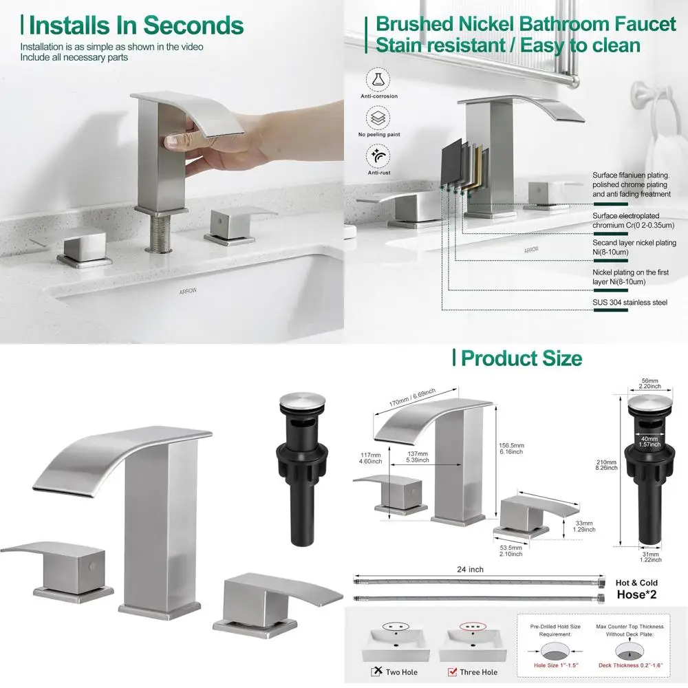 

8 Widespread Brushed Nickel 3-Hole Pop-Up Drain Modern Bathroom Sink Faucet with 2 Handles