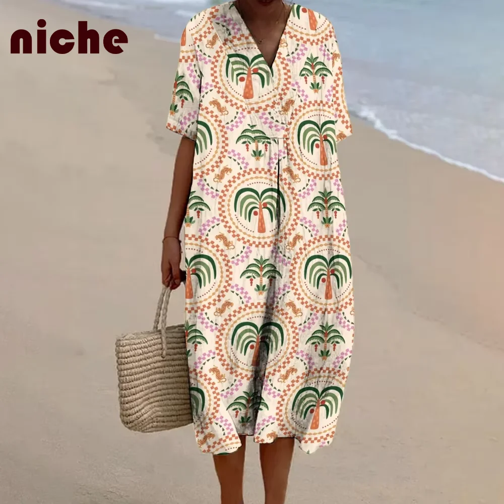 

Ladies Dress Cartoon Coconut Tree Graphic Printing High Quality Fabric Trendy Fashion New Loose V-Neck Beach Skirt