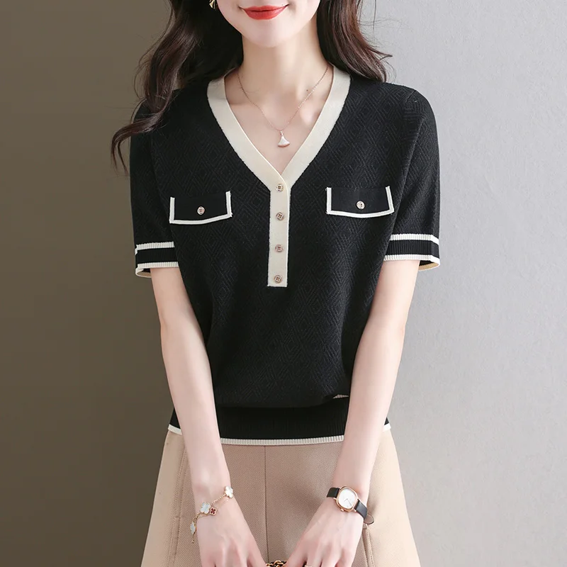 TuangBiang Female Summer V-Neck Tencel Pullovers Button 2023 Mock Pocket Knitted Short Sleeves Diamond T-Shirts Women Loose Tops