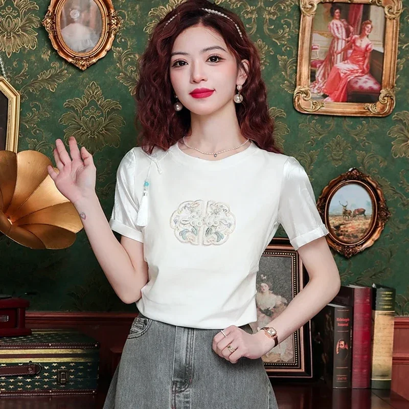 Fashion O-Neck Embroidery White Blouse Shirt Women Tops Summer Short Sleeve Women Blouse Blusas Mujer De Moda 2024 Verano H605