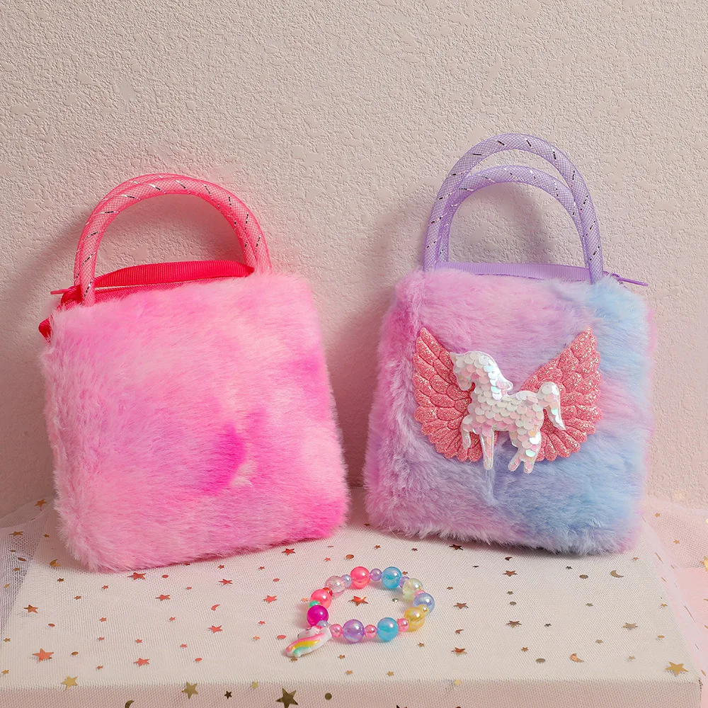 Mini-Einhorn-Handtaschen für kleine Mädchen, 2–5 Jahre, Baby-Mädchen-Geschenk, schöne Flügelpferd-Kinder-Kleintasche, niedliche pelzige Tasche