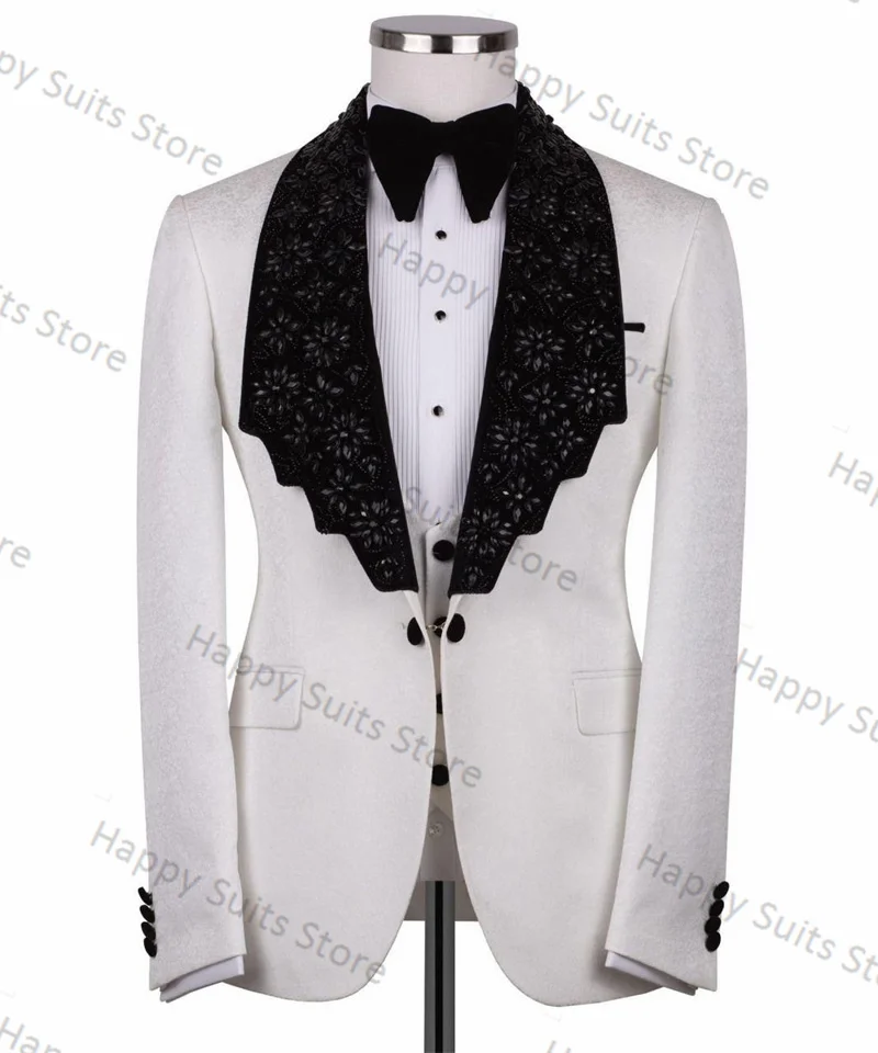 

White Crystals Men Suit Set 2 Pieces Blazer+Black Pant Formal Work Office Male Jacket Prom Coat Trousers Groom Wedding Tuxedos