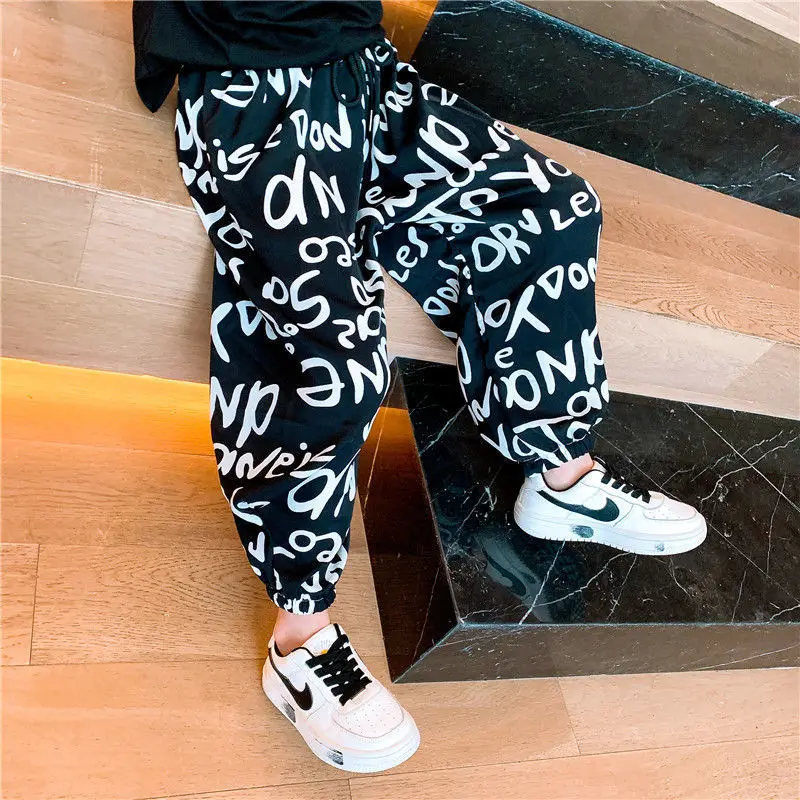 New Summer Child Clothes Girls Sweatpants Child Baby Letter Printed Bloomers Loose Ice Silk Trousers Pencil Pants 13 years