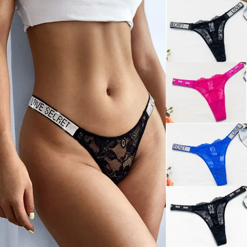 

Low Waist See-through Lace Women Panties Sexy Shiny Letter Rhinestone Secret G-string Ladies Thong Breathable Female Underwear